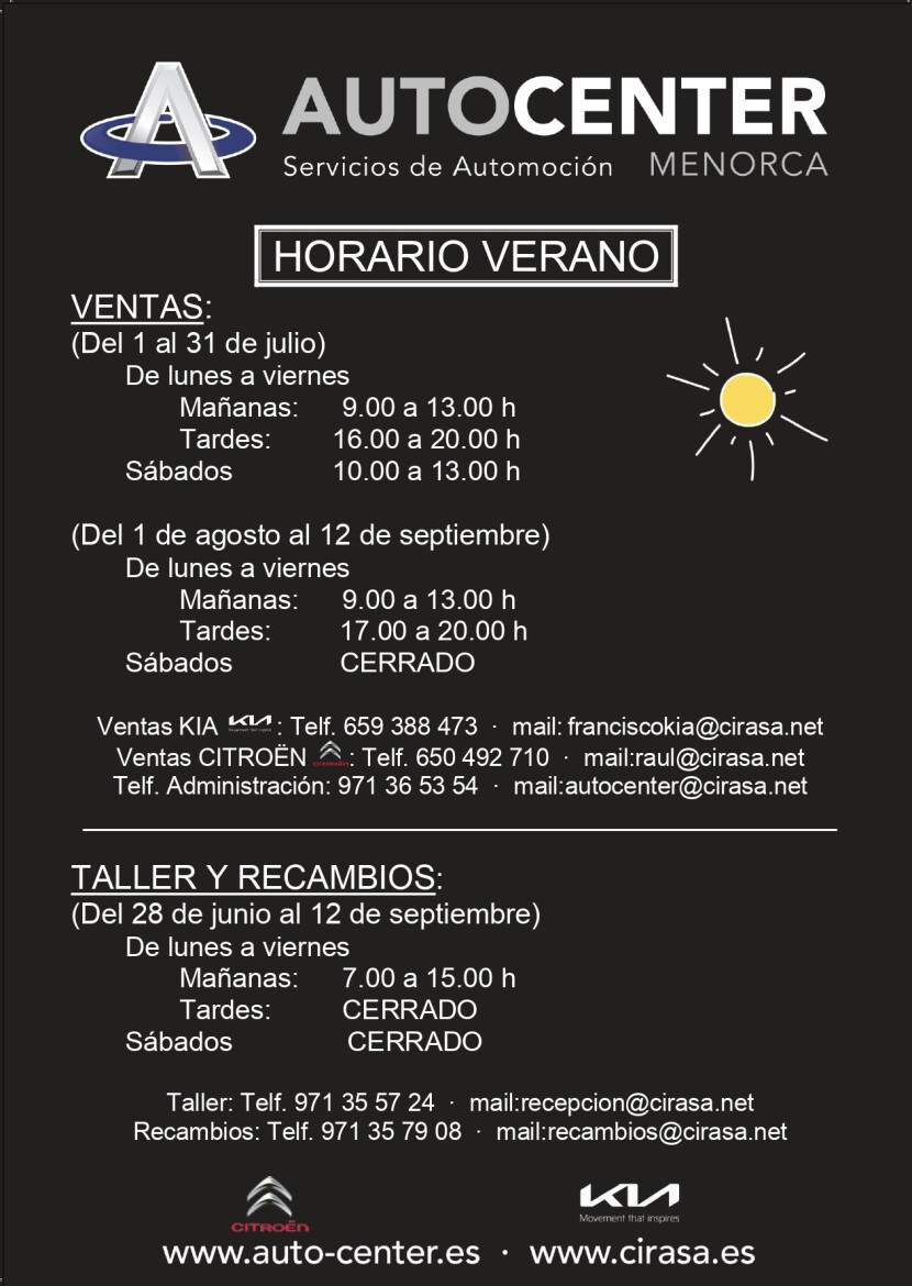 Horario Verano Autocenter Menorca